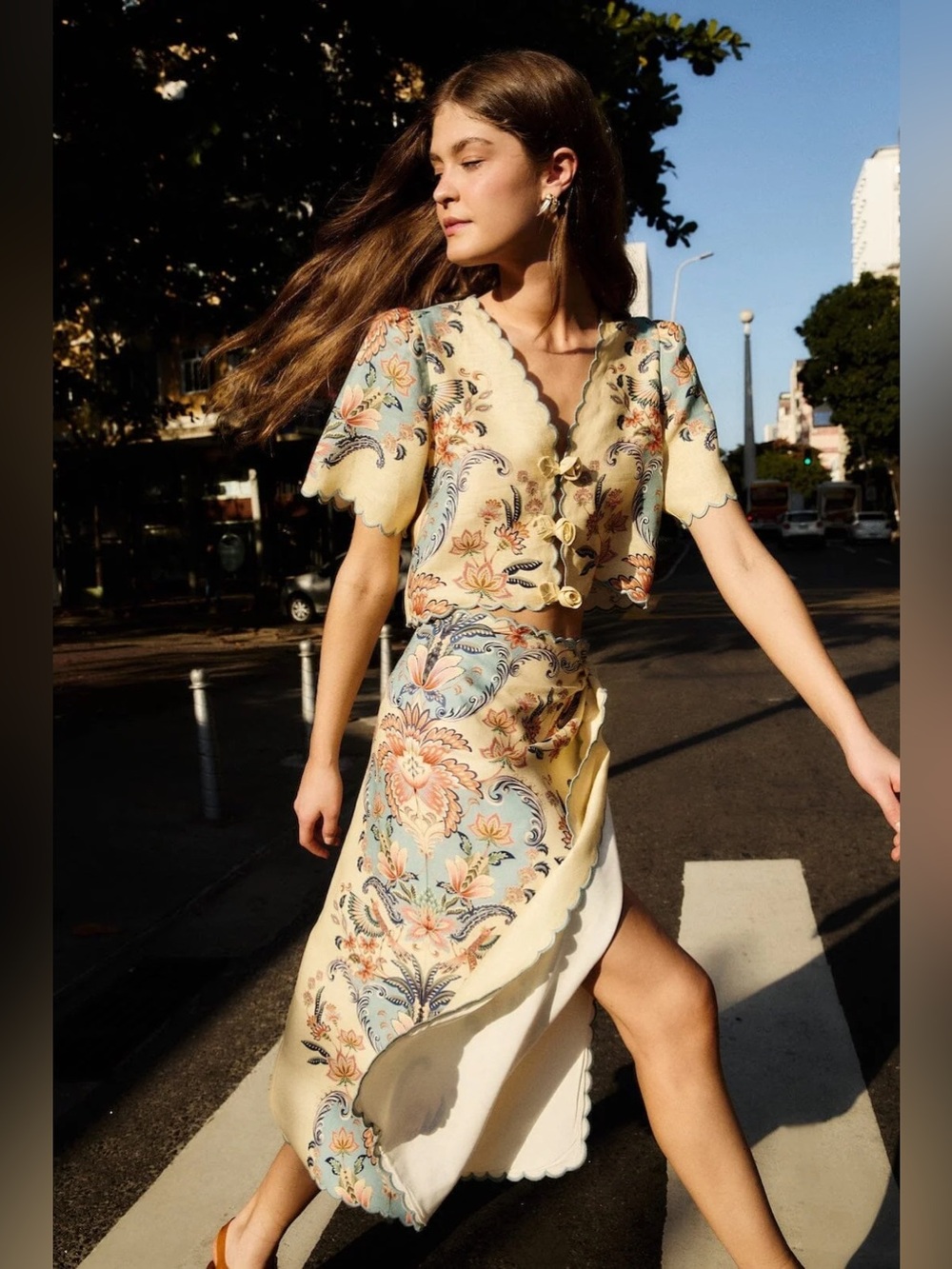 FARM Rio Yellow Floral Maxi Skirt Set with Scalloped Trim